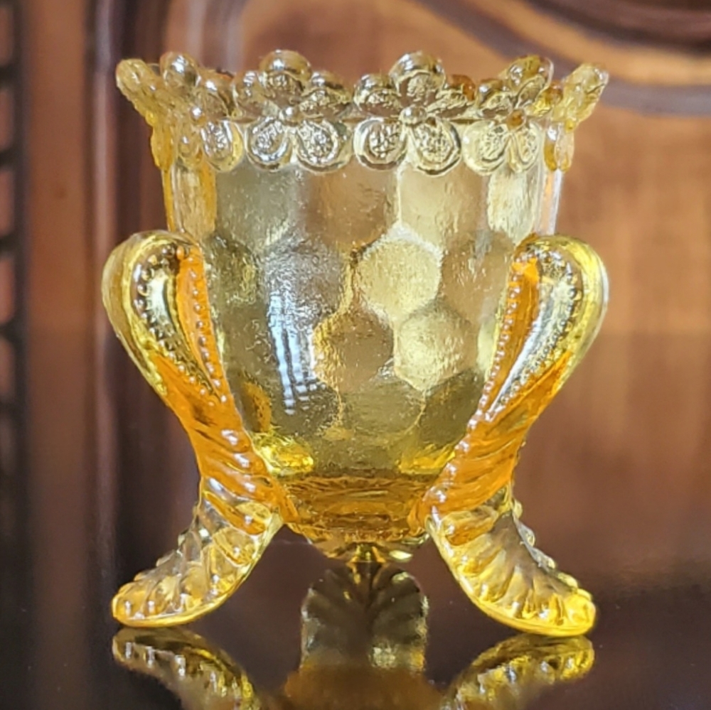 Vntg "Forget Me Not" Yellow / Gold Glass Toothpick Holder by Degenhart